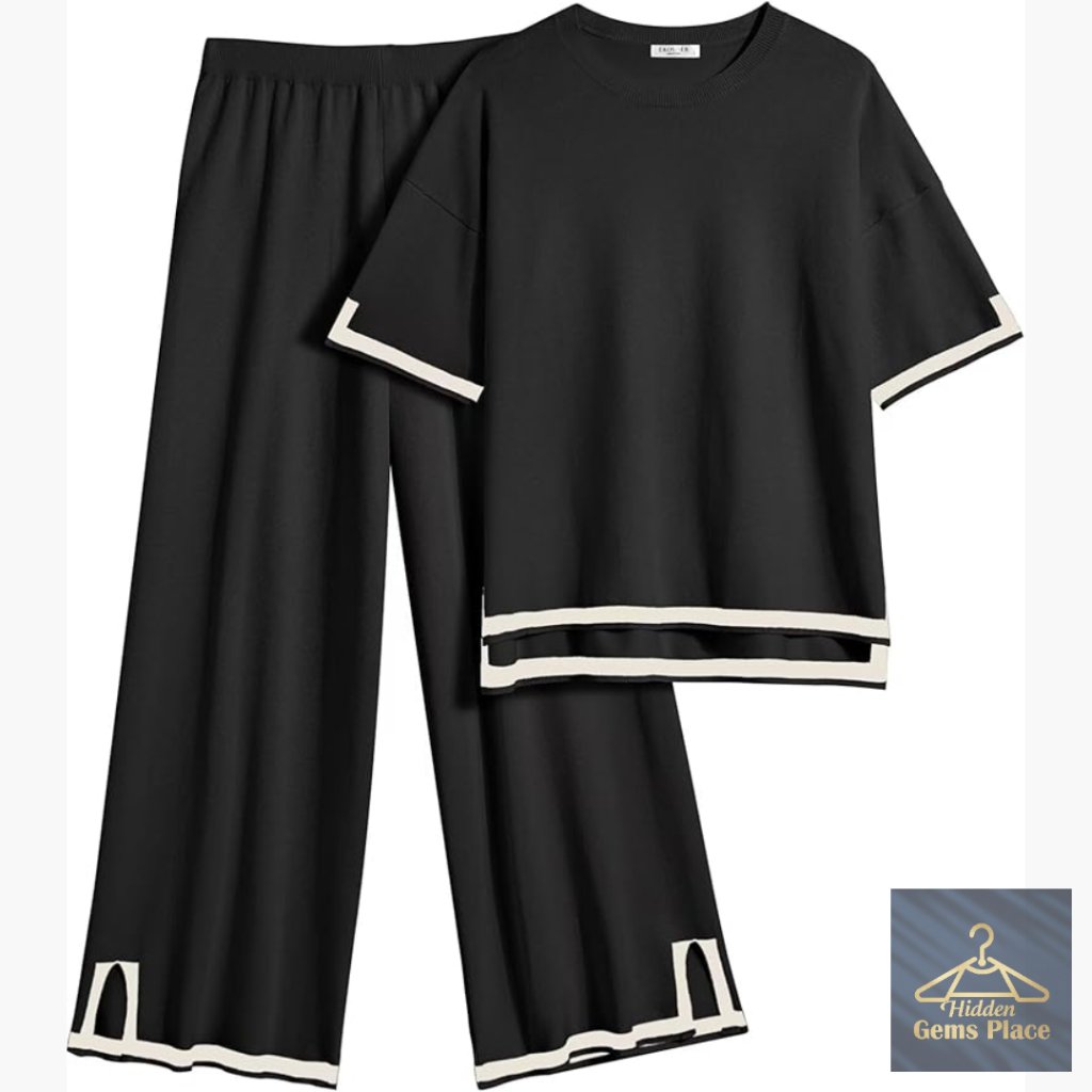 Soft Lounge Set 2-Piece Short Sleeve Top Wide Leg Pants Travel Outfit